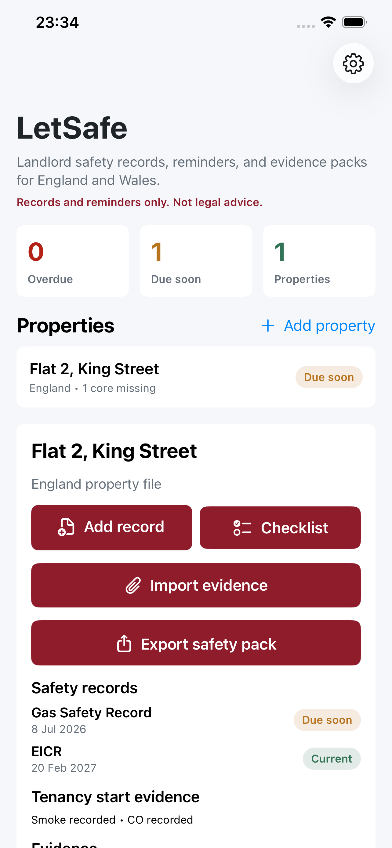 LetSafe dashboard showing a landlord property safety file